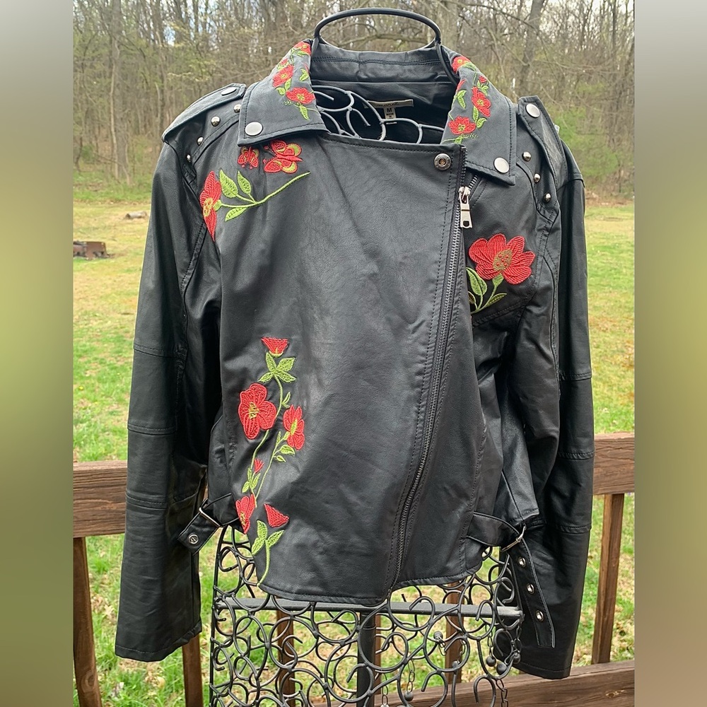 MARCI Black Faux-Leather Moto Jacket with Red Floral Embroidery